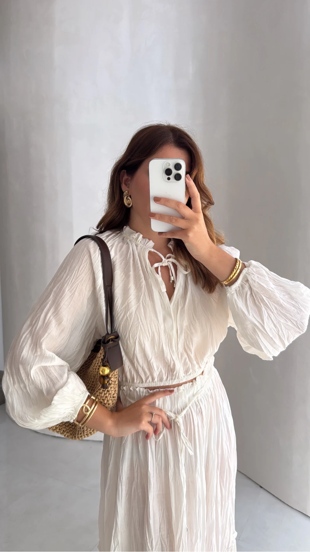 Kırışık Etek Bluz Takım - Beyaz - Kod: 580443