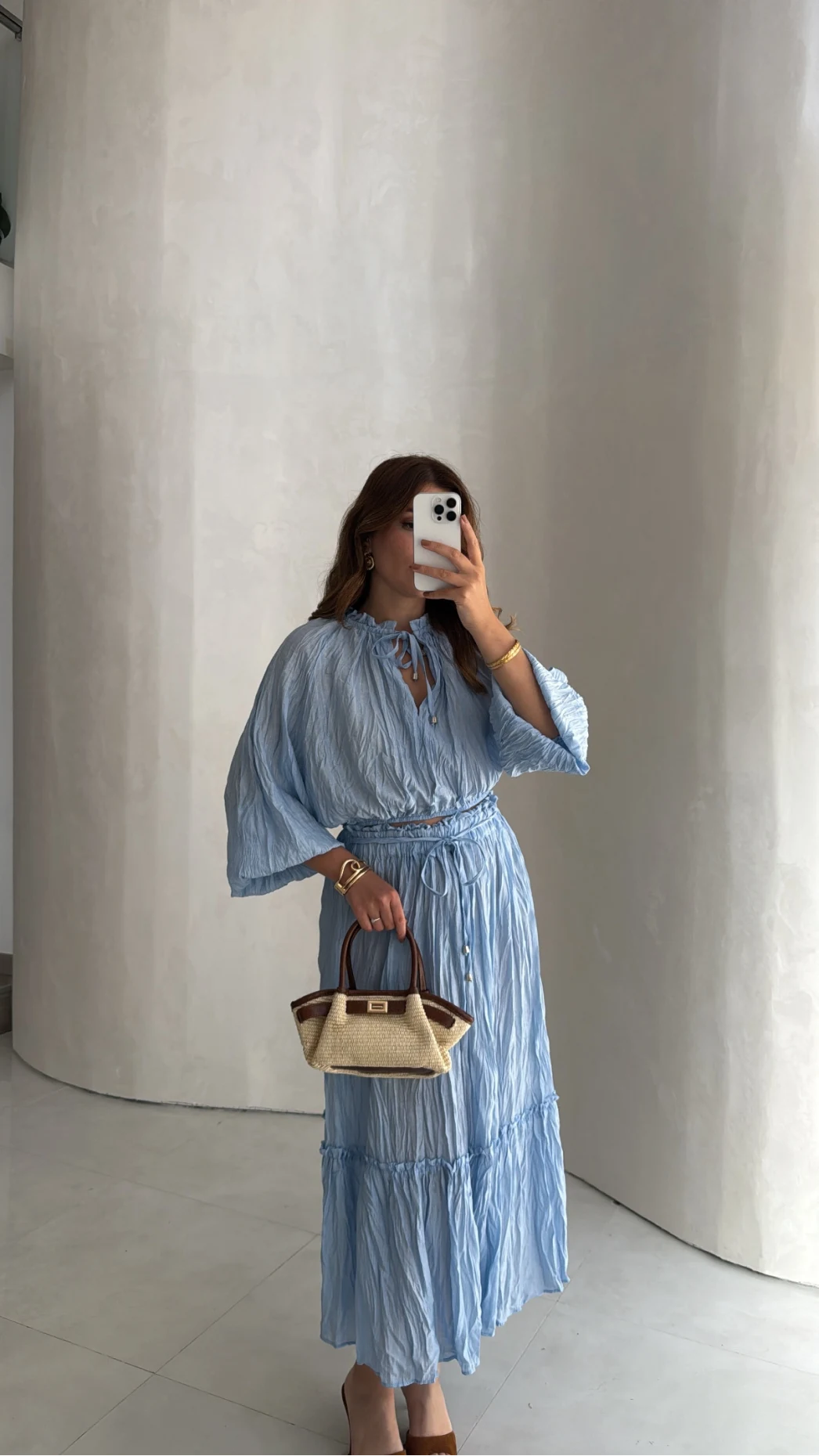 Kırışık Etek Bluz Takım - Mavi - Kod: 580443
