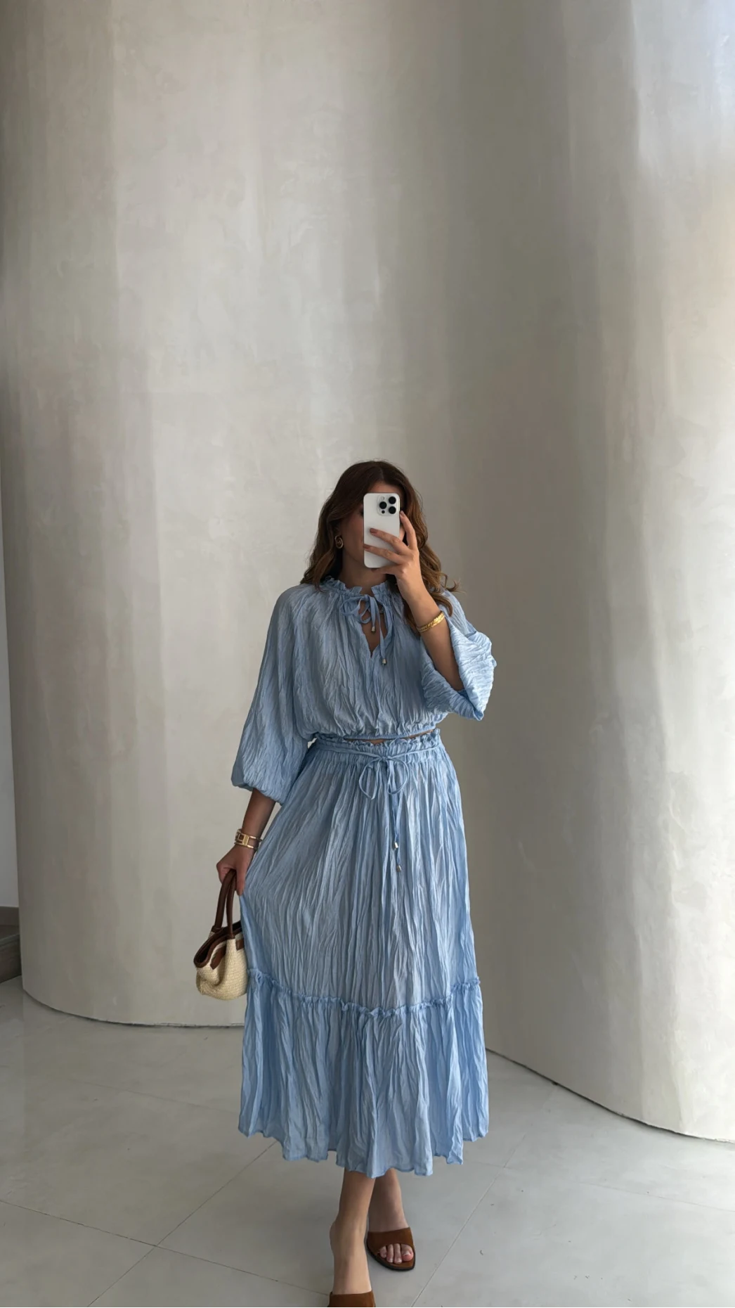 Kırışık Etek Bluz Takım - Mavi - Kod: 580443