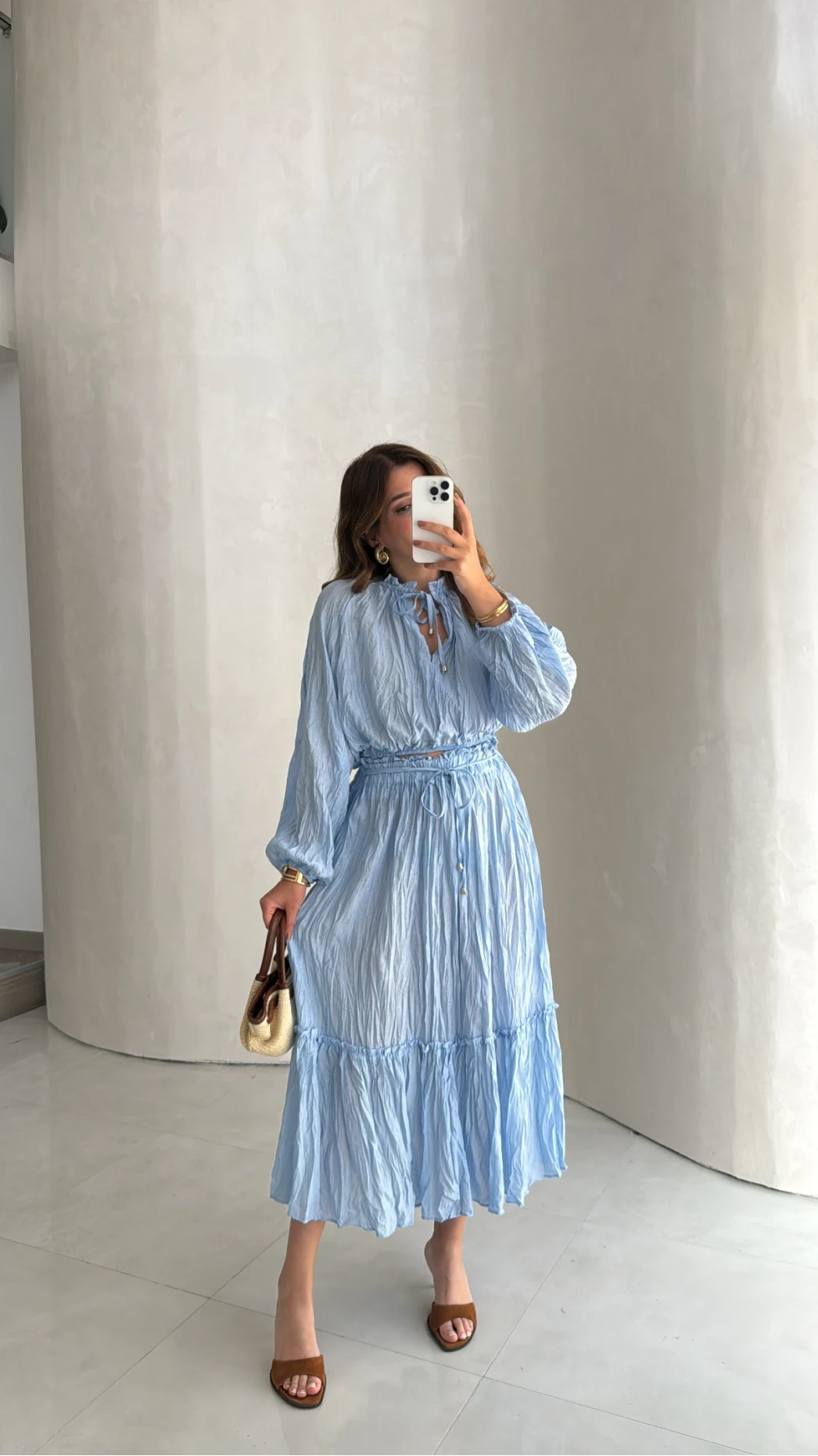 Kırışık Etek Bluz Takım - Mavi - Kod: 580443