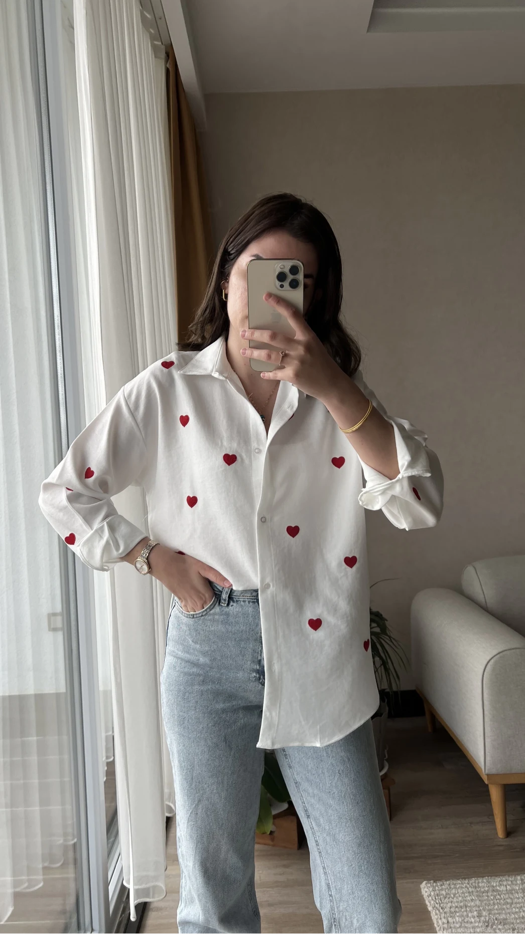 Kırmızı Kalpli Keten Gömlek