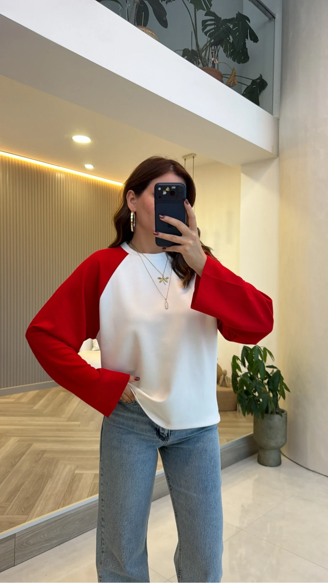 Kırmızı Reglan Kol Oversize Bluz - Ekru - Kod: 1659