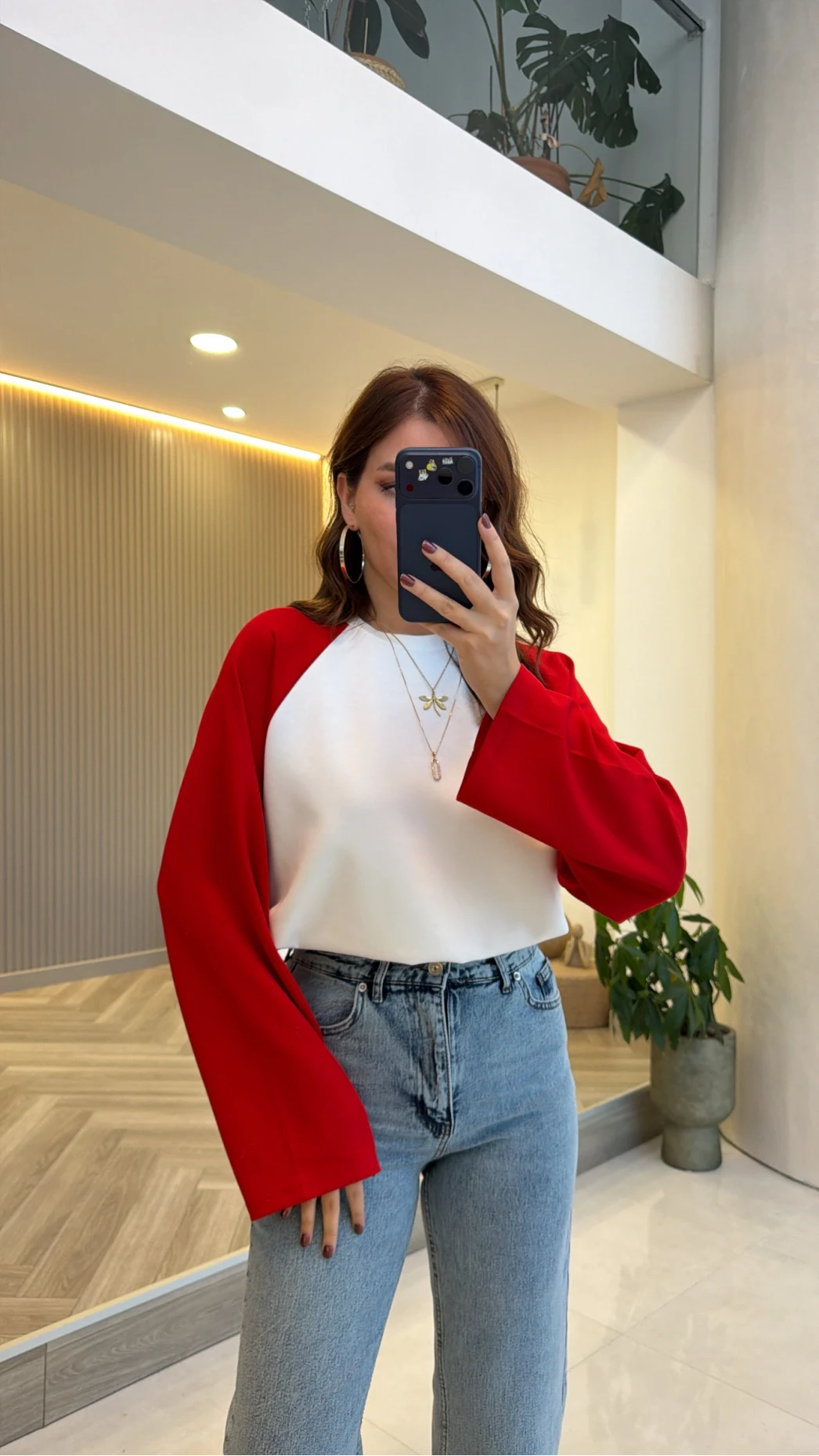 Kırmızı Reglan Kol Oversize Bluz - Ekru - Kod: 1659