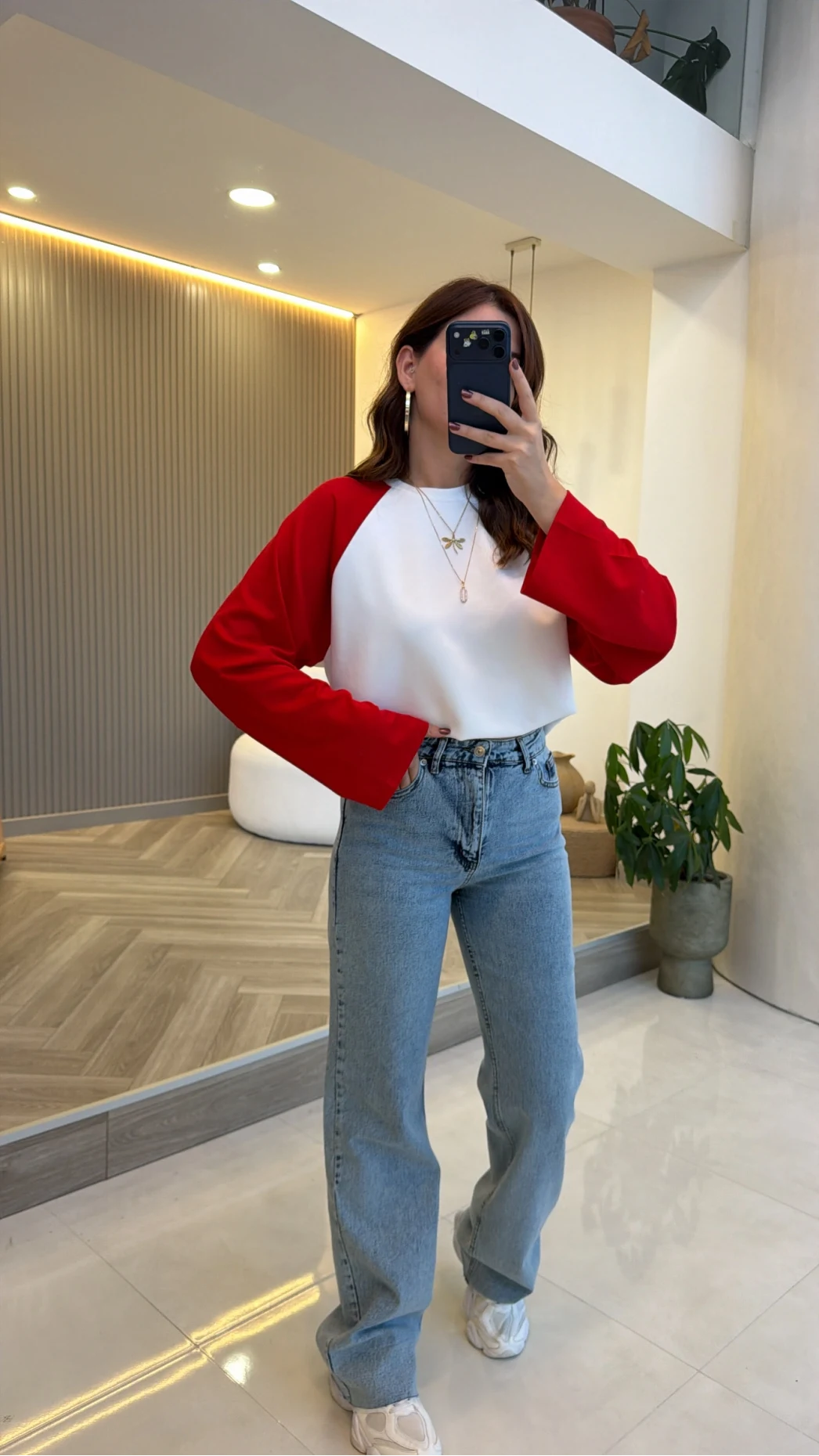 Kırmızı Reglan Kol Oversize Bluz - Ekru - Kod: 1659