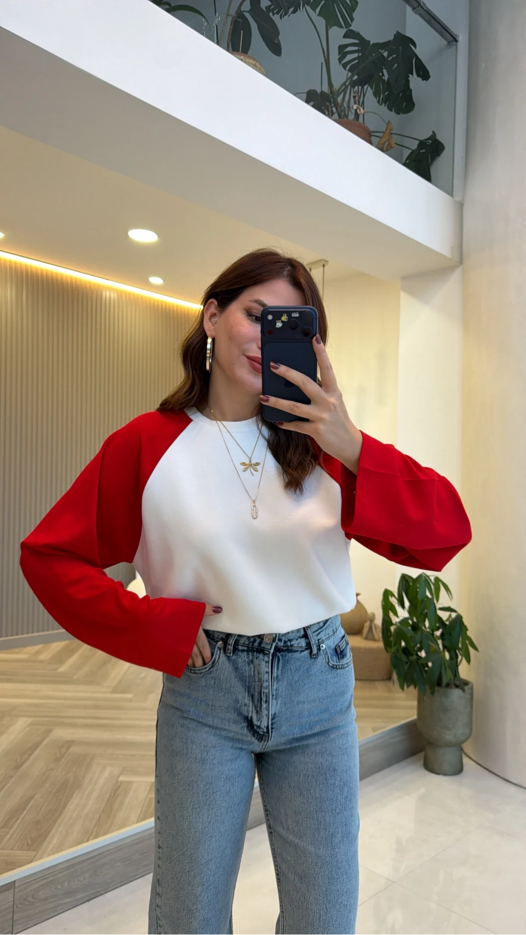 Kırmızı Reglan Kol Oversize Bluz - Ekru - Kod: 1659