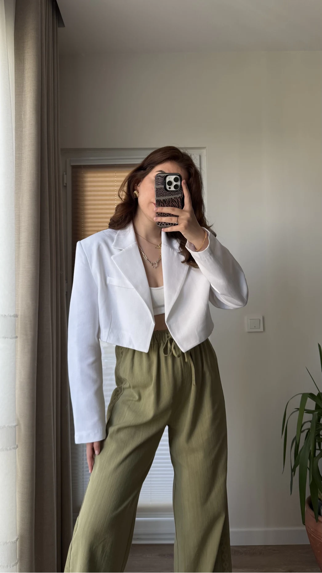 Kısa Crop Keten Astarlı Ceket Beyaz