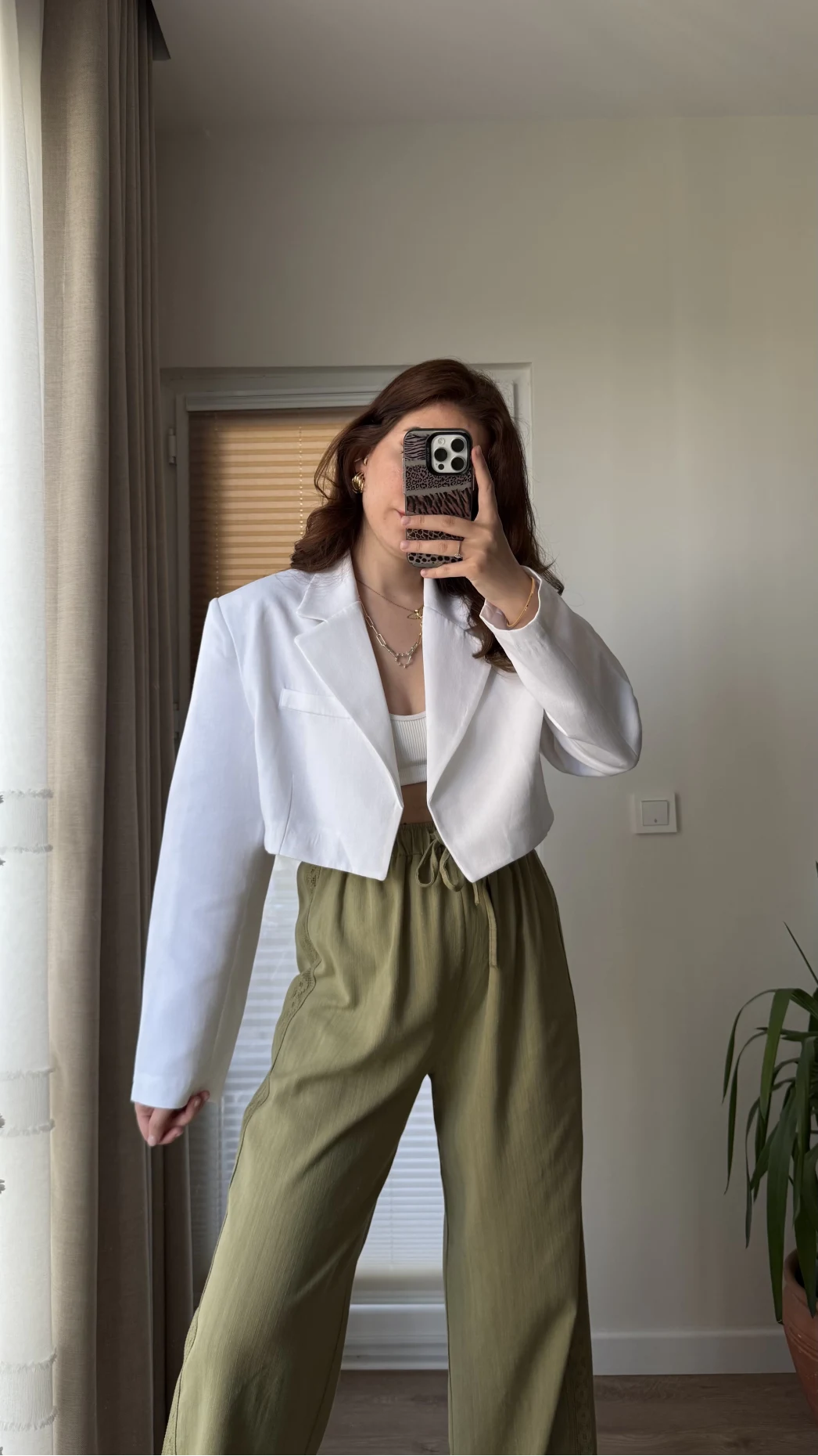 Kısa Crop Keten Astarlı Ceket Beyaz