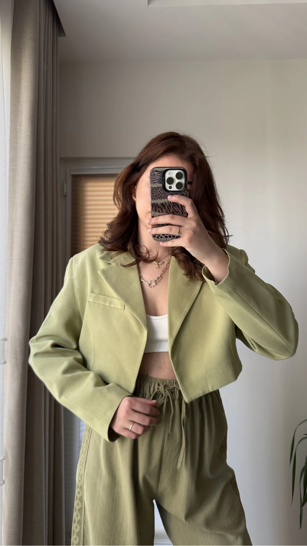 Kısa Crop Keten Astarlı Ceket Haki