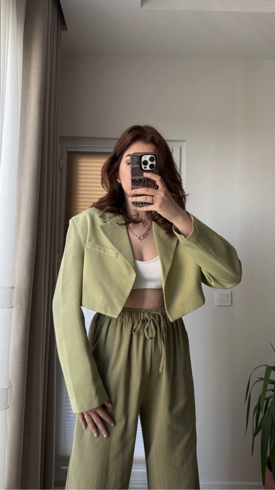 Kısa Crop Keten Astarlı Ceket Haki