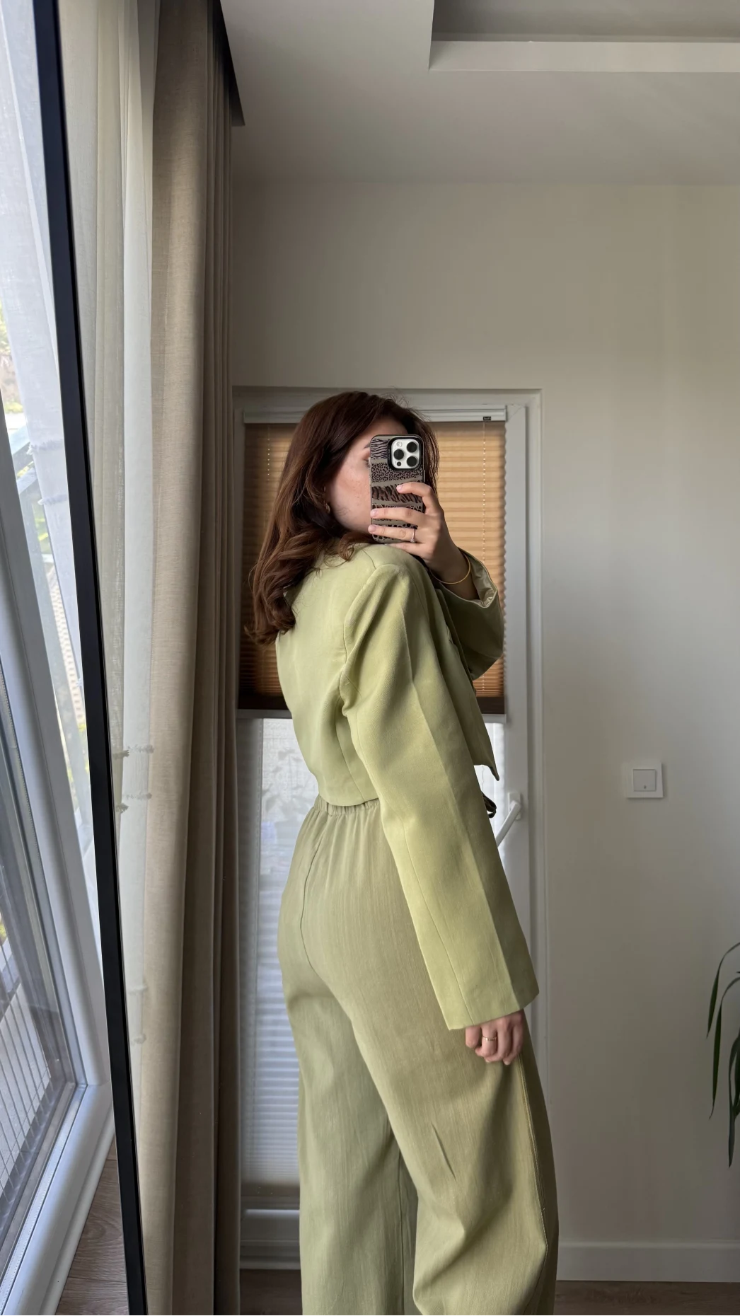 Kısa Crop Keten Astarlı Ceket Haki