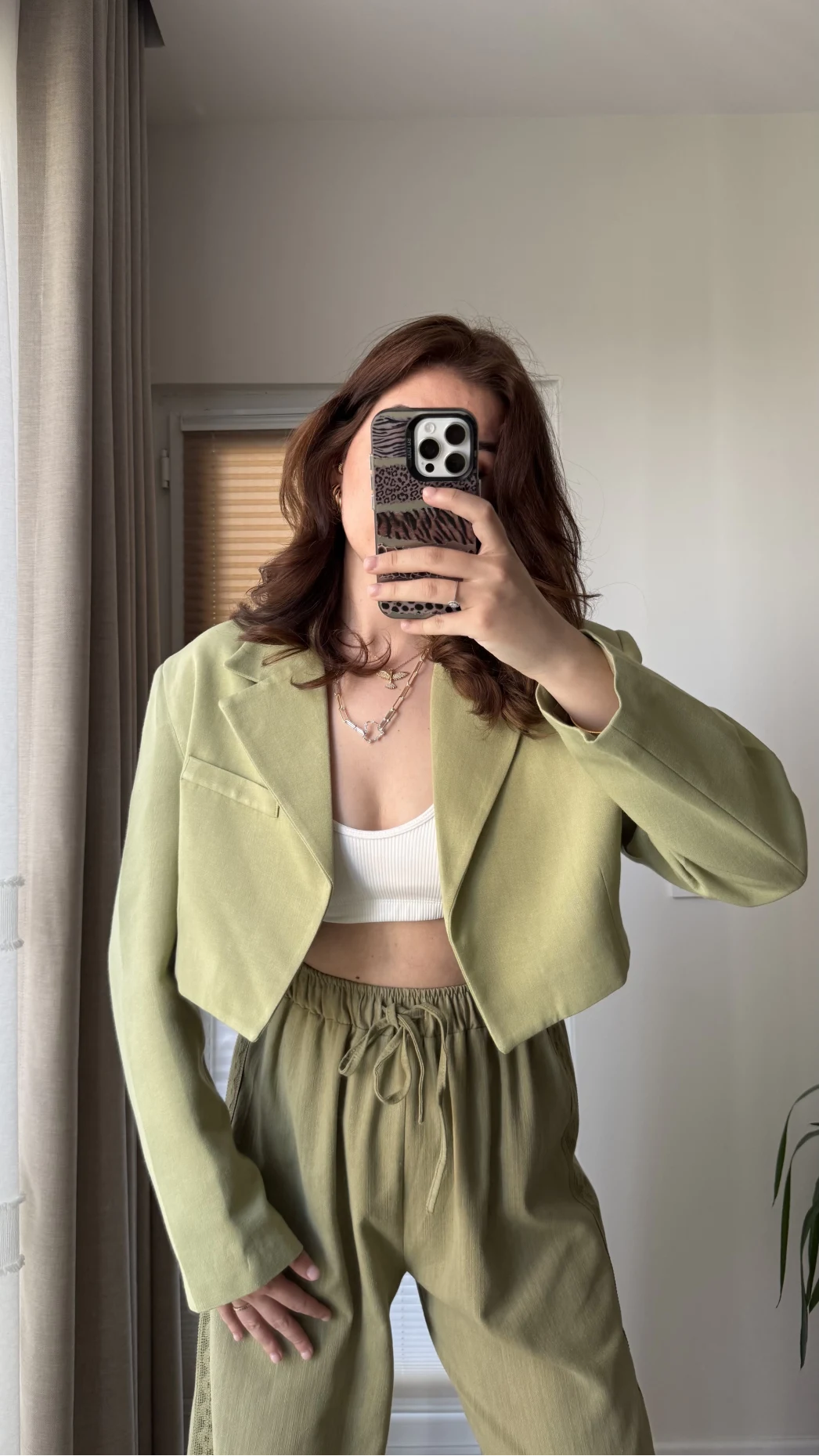 Kısa Crop Keten Astarlı Ceket Haki