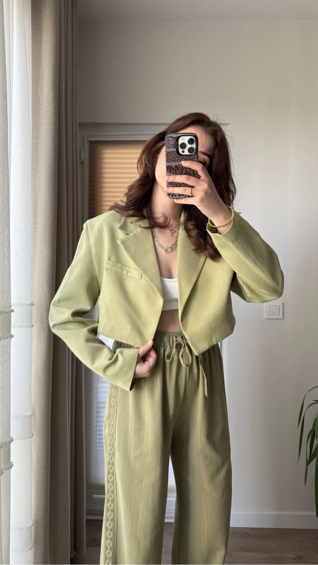 Kısa Crop Keten Astarlı Ceket Haki