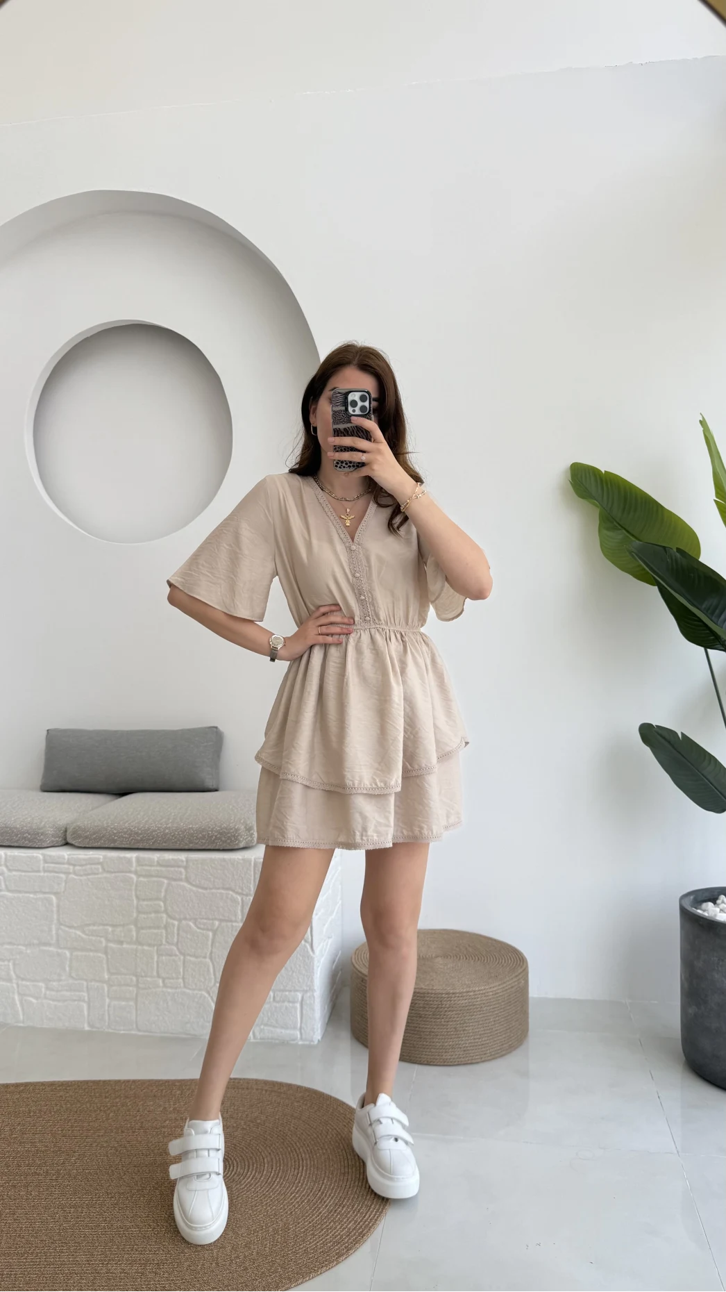 Kısa Elbise Krem - 3014