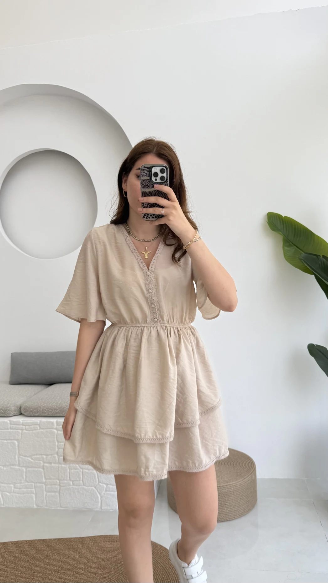 Kısa Elbise Krem - 3014