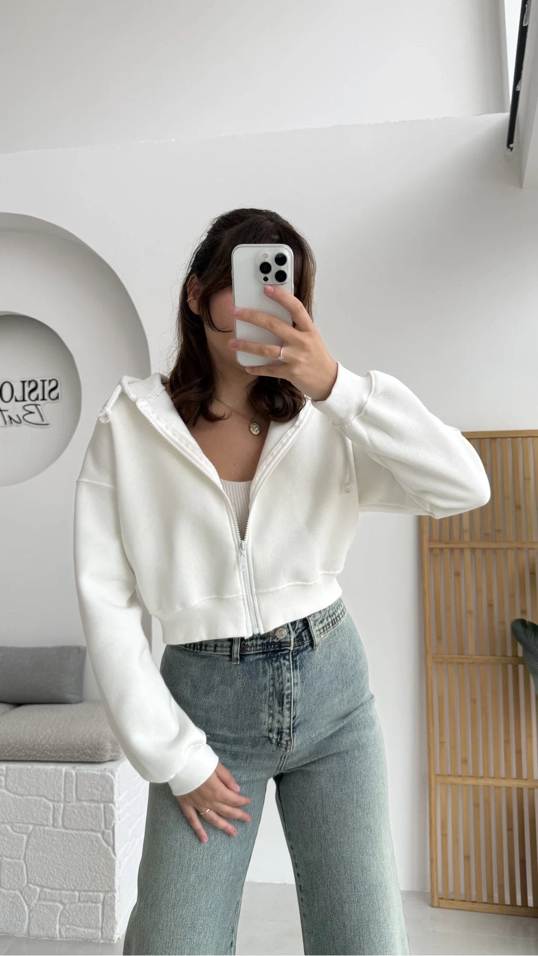 Kısa Fermuarlı Kapüşonlu Hırka - Beyaz