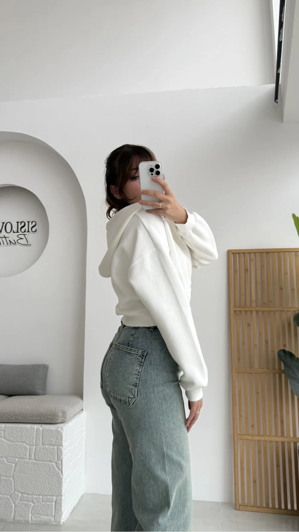 Kısa Fermuarlı Kapüşonlu Hırka - Beyaz