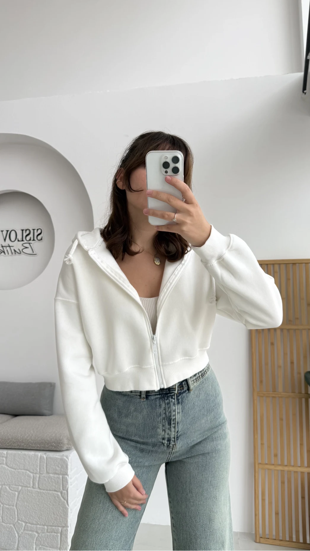 Kısa Fermuarlı Kapüşonlu Hırka - Beyaz