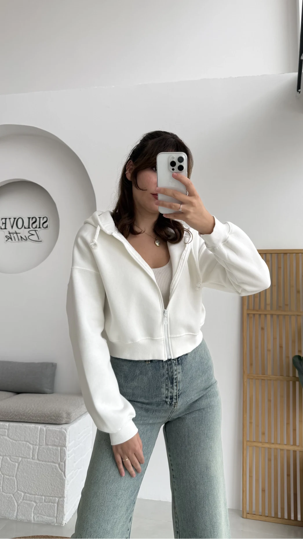 Kısa Fermuarlı Kapüşonlu Hırka - Beyaz