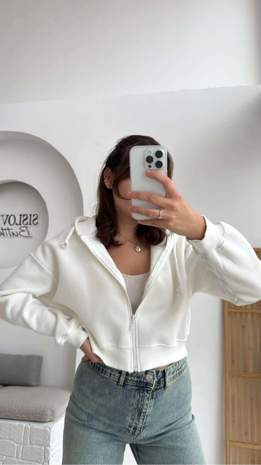 Kısa Fermuarlı Kapüşonlu Hırka - Beyaz