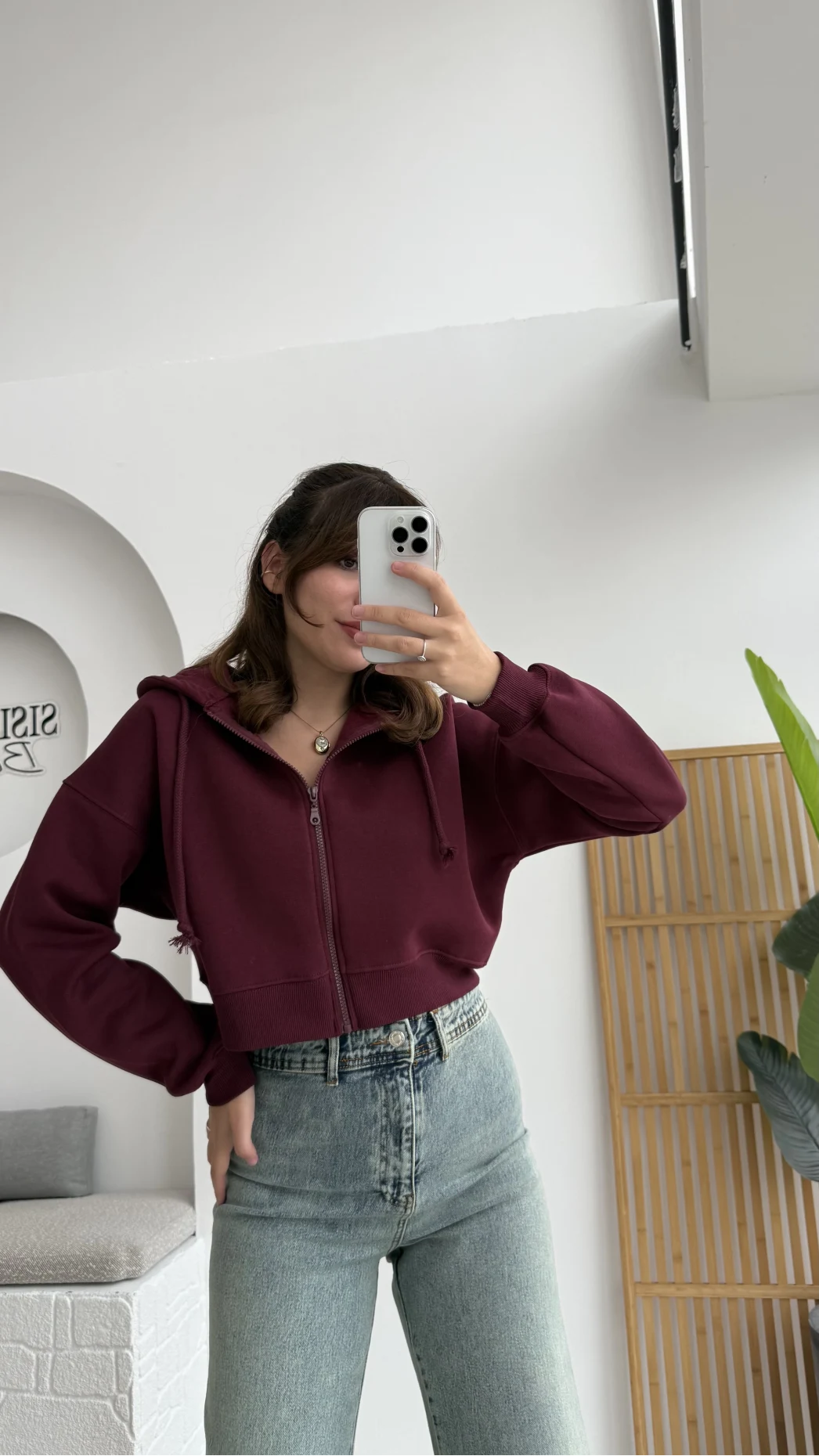 Kısa Fermuarlı Kapüşonlu Hırka - Bordo