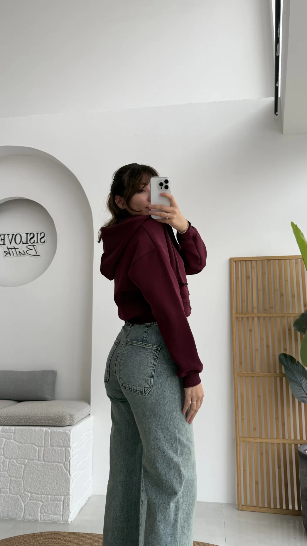 Kısa Fermuarlı Kapüşonlu Hırka - Bordo