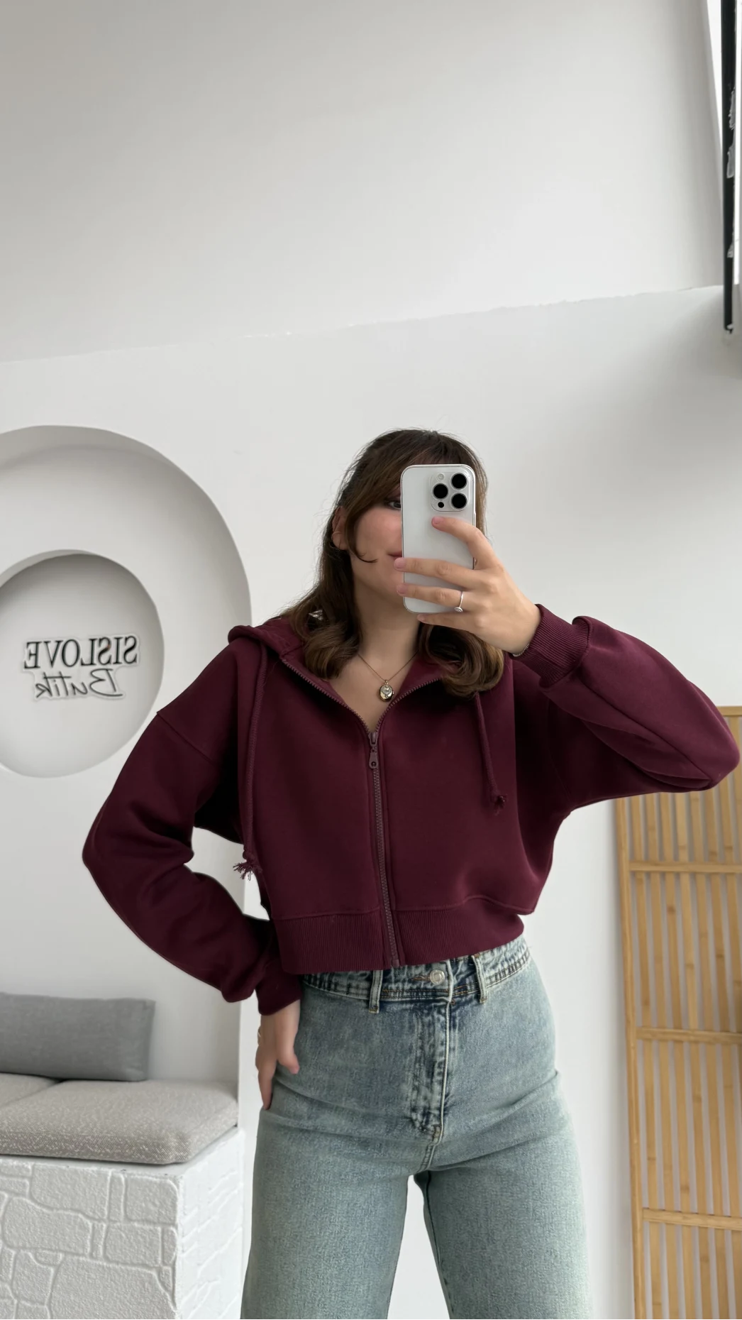 Kısa Fermuarlı Kapüşonlu Hırka - Bordo