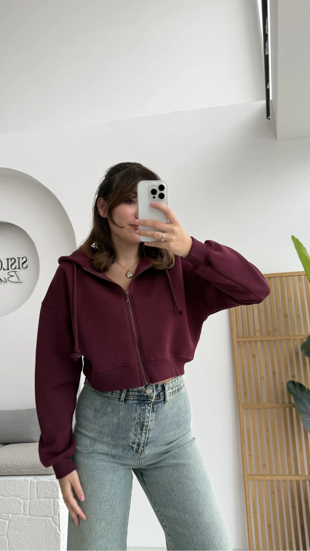 Kısa Fermuarlı Kapüşonlu Hırka - Bordo