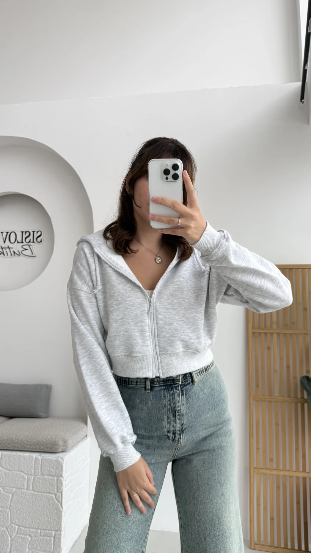 Kısa Fermuarlı Kapüşonlu Hırka - Gri