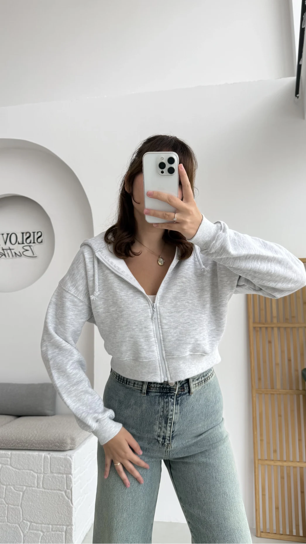 Kısa Fermuarlı Kapüşonlu Hırka - Gri