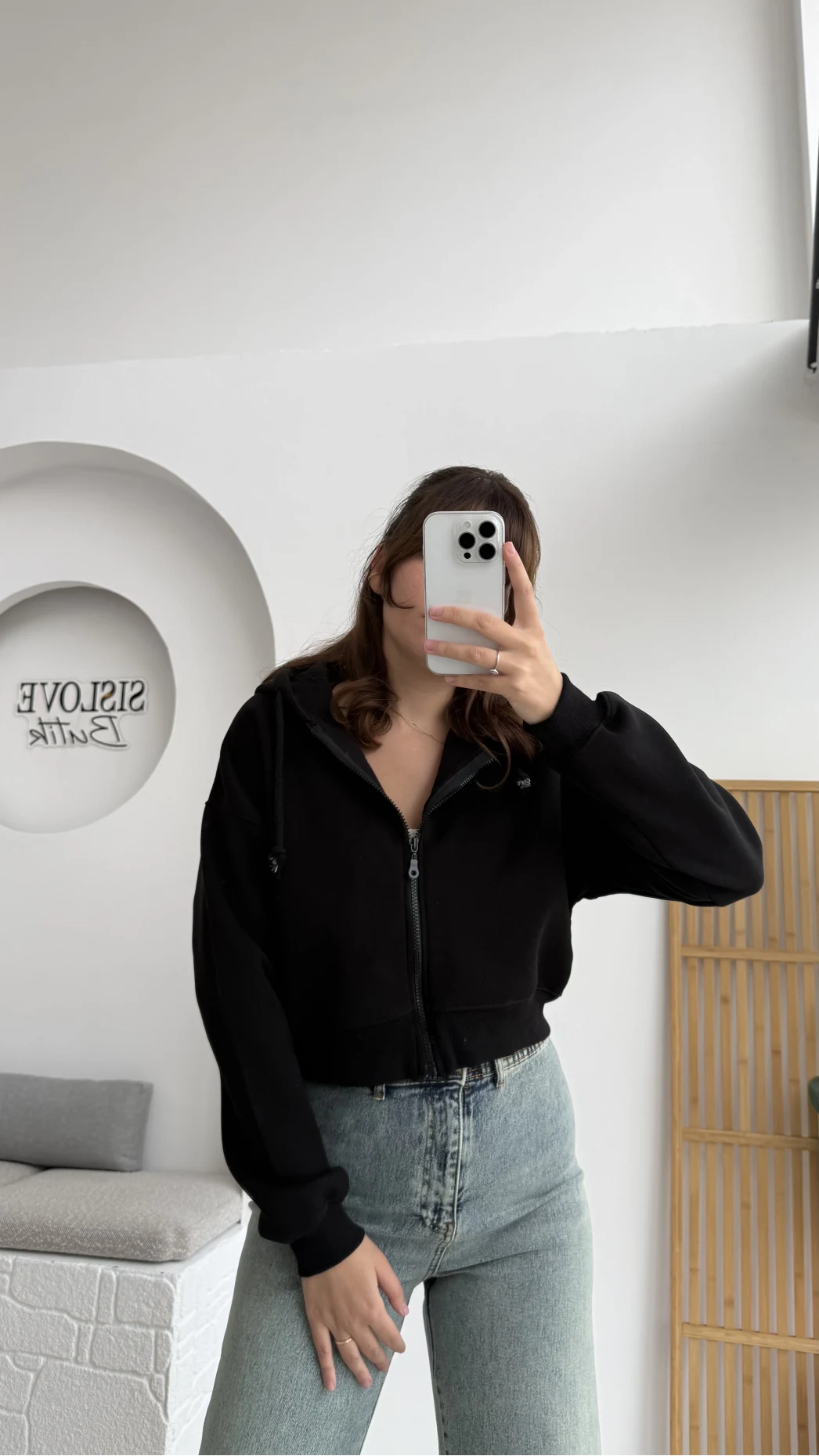 Kısa Fermuarlı Kapüşonlu Hırka - Siyah