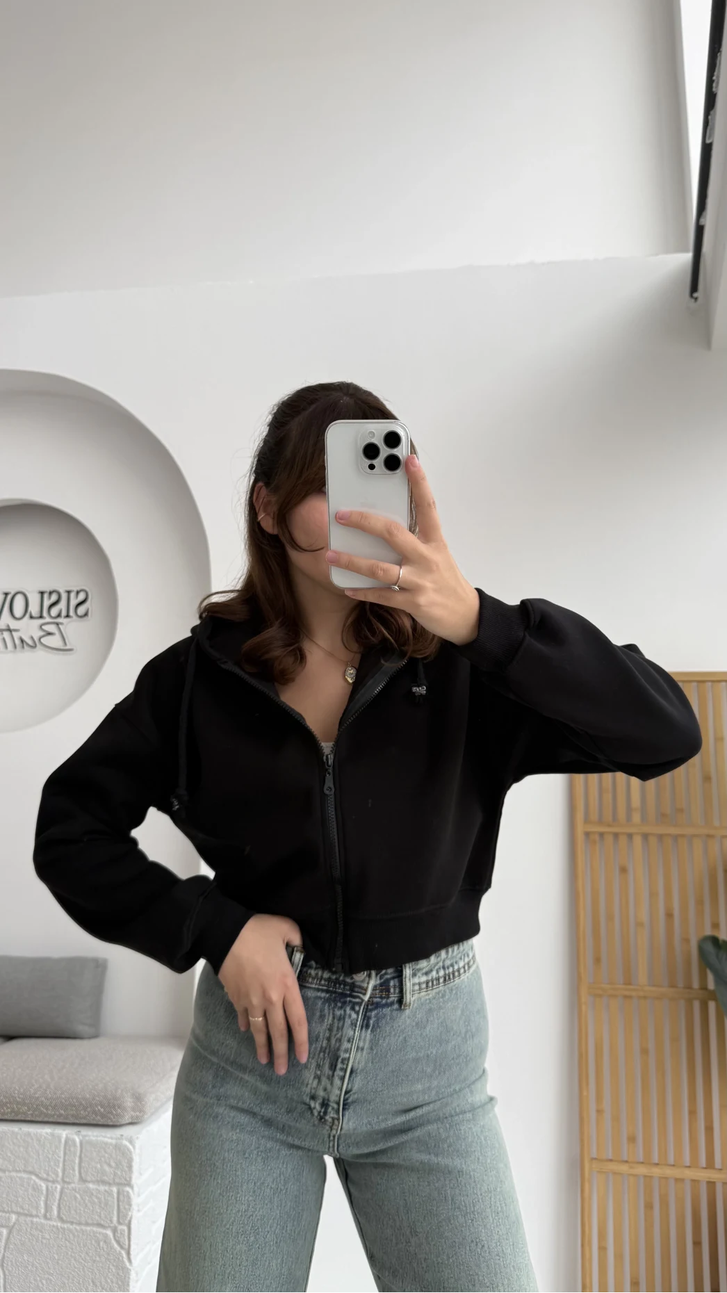 Kısa Fermuarlı Kapüşonlu Hırka - Siyah