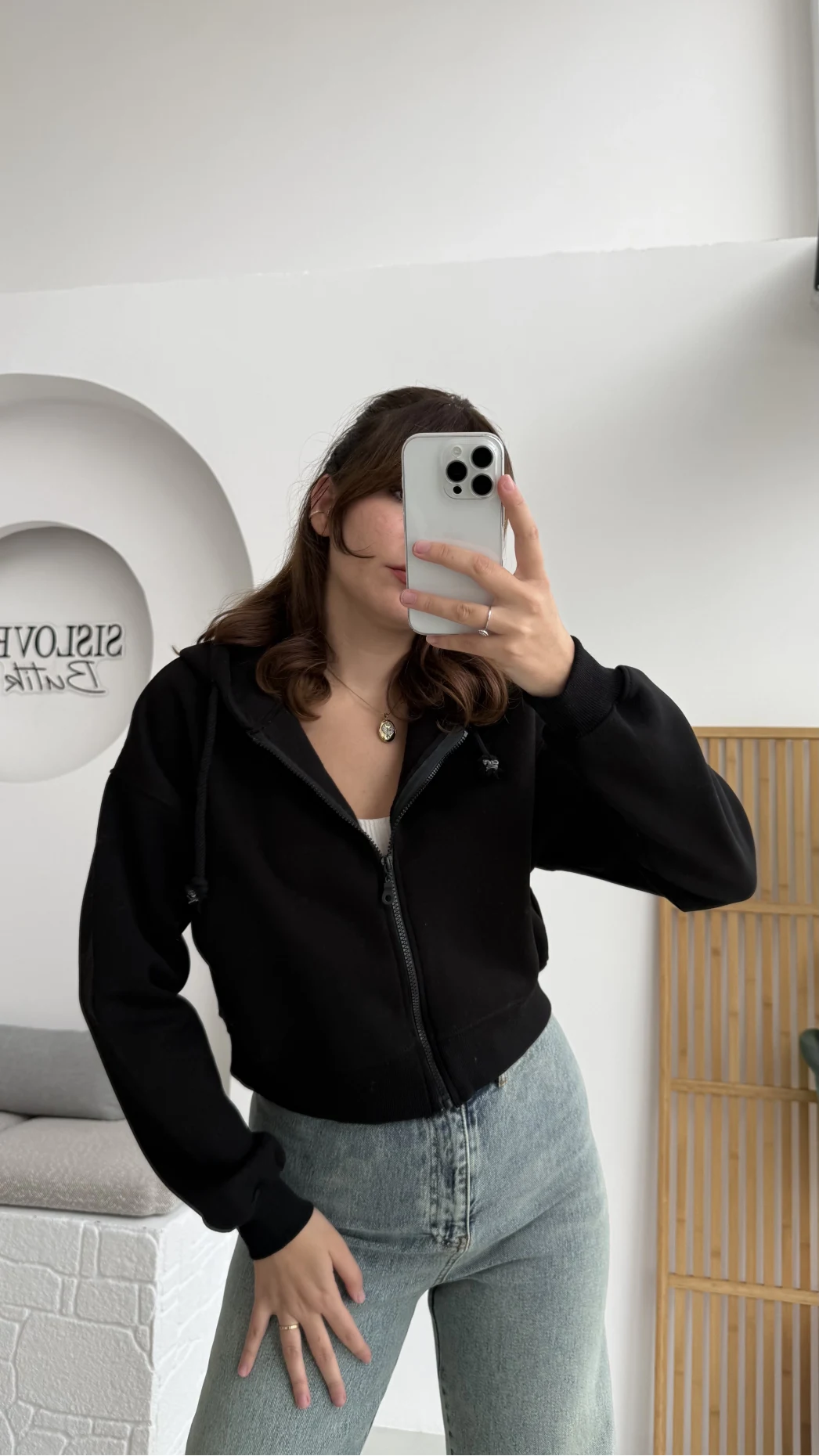 Kısa Fermuarlı Kapüşonlu Hırka - Siyah