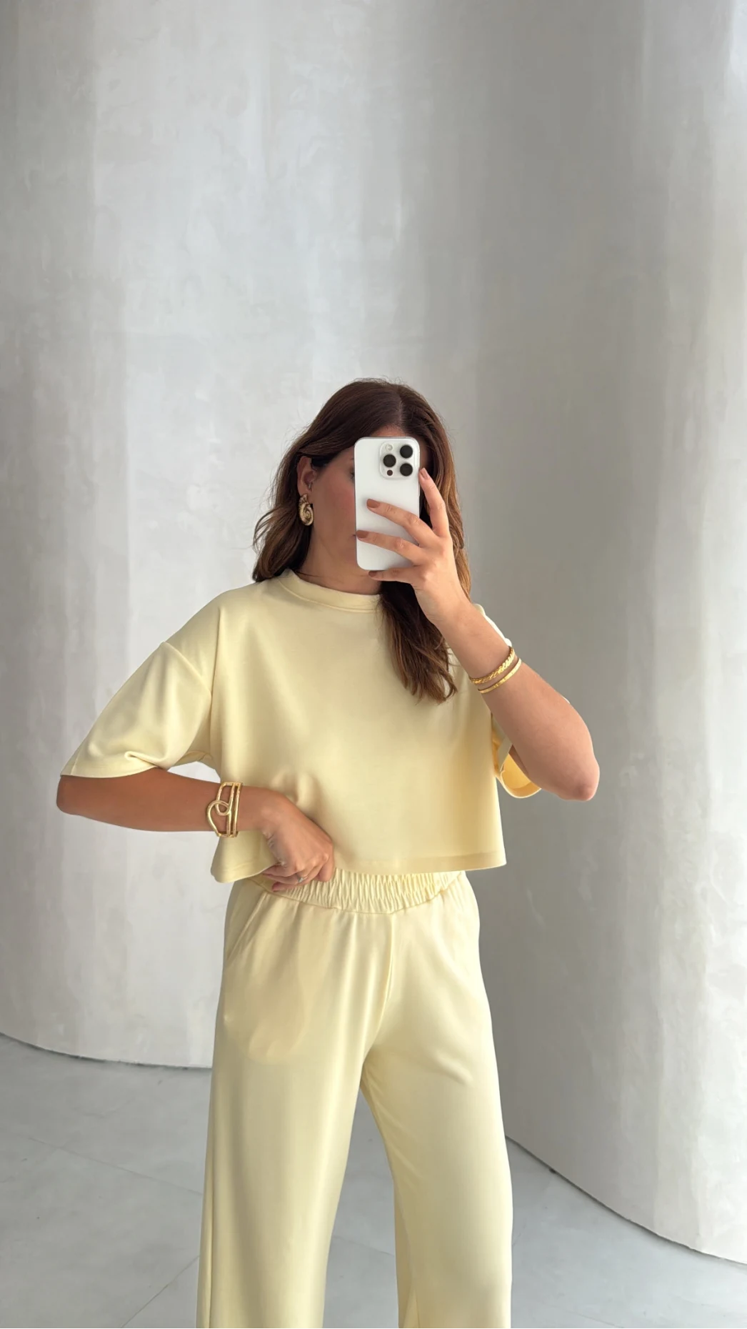 Kısa Kol Pamuk Kumaş Takım - Sarı - Kod: 1602