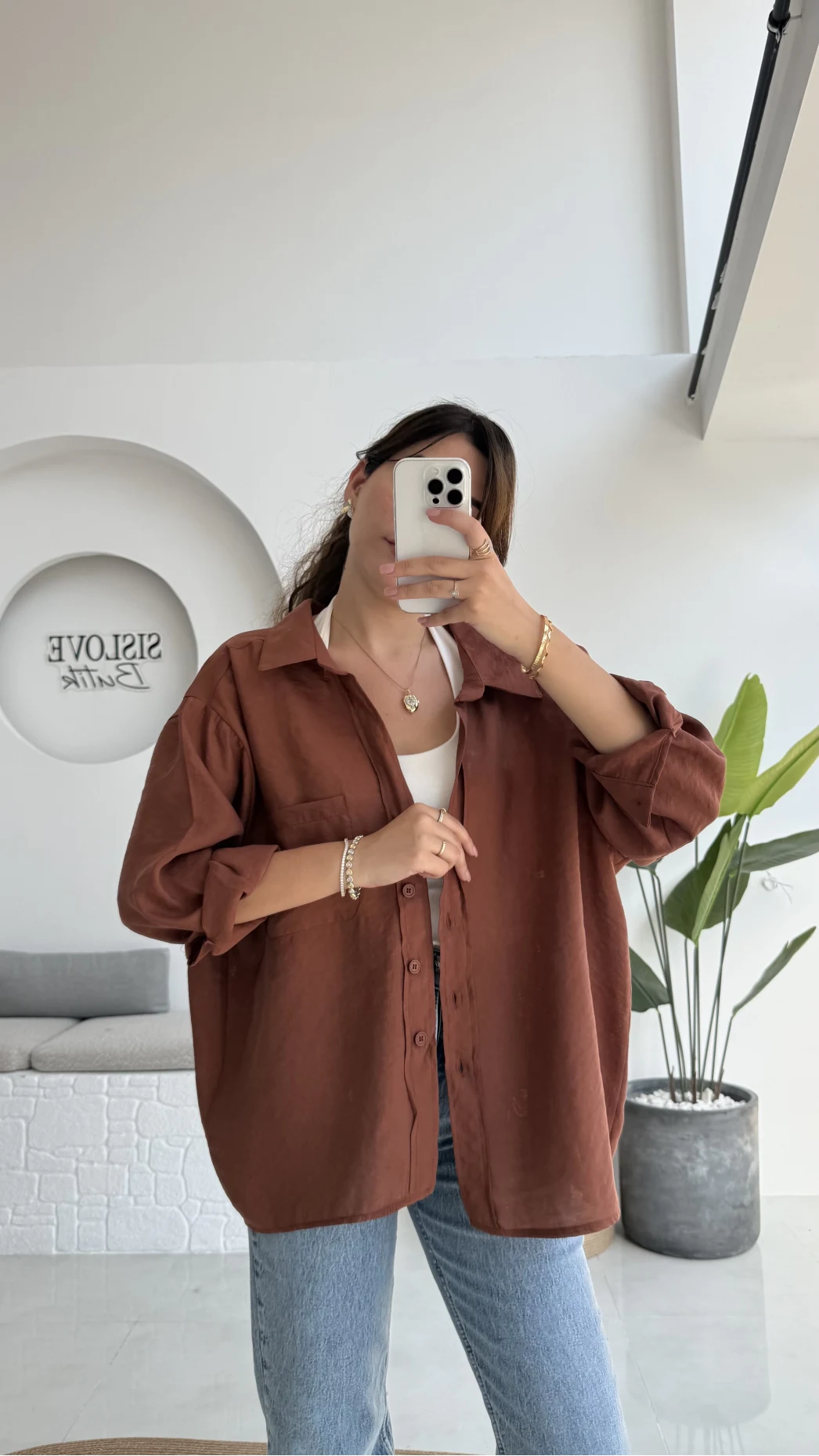 Kızıl Kahve Oversize Tensel Gömlek - Kod: 4612