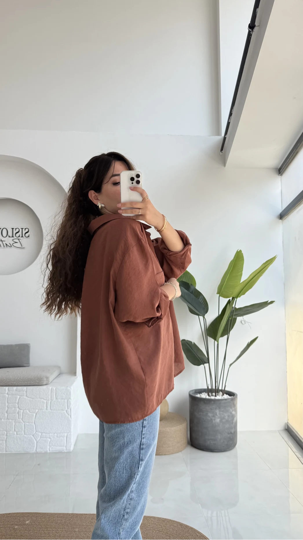 Kızıl Kahve Oversize Tensel Gömlek - Kod: 4612