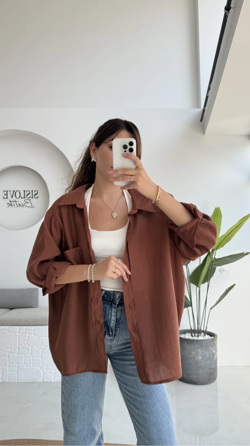 Kızıl Kahve Oversize Tensel Gömlek - Kod: 4612