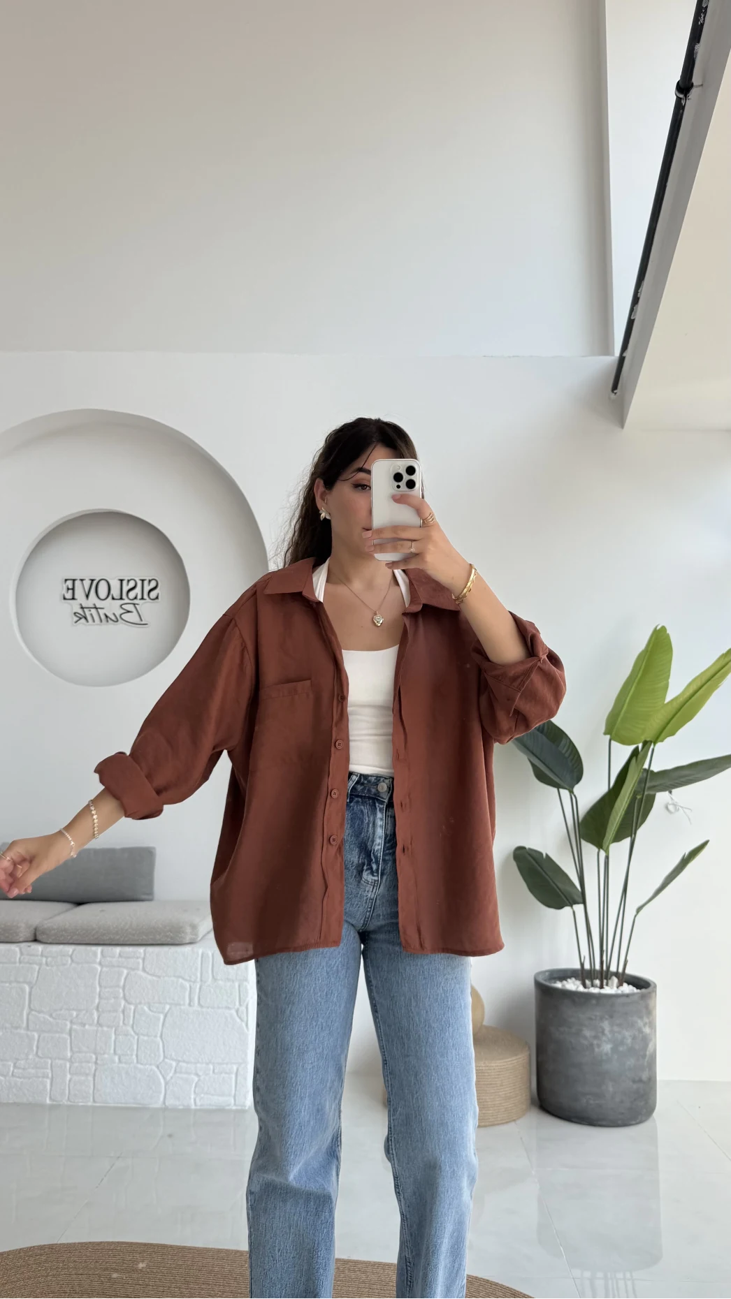 Kızıl Kahve Oversize Tensel Gömlek - Kod: 4612