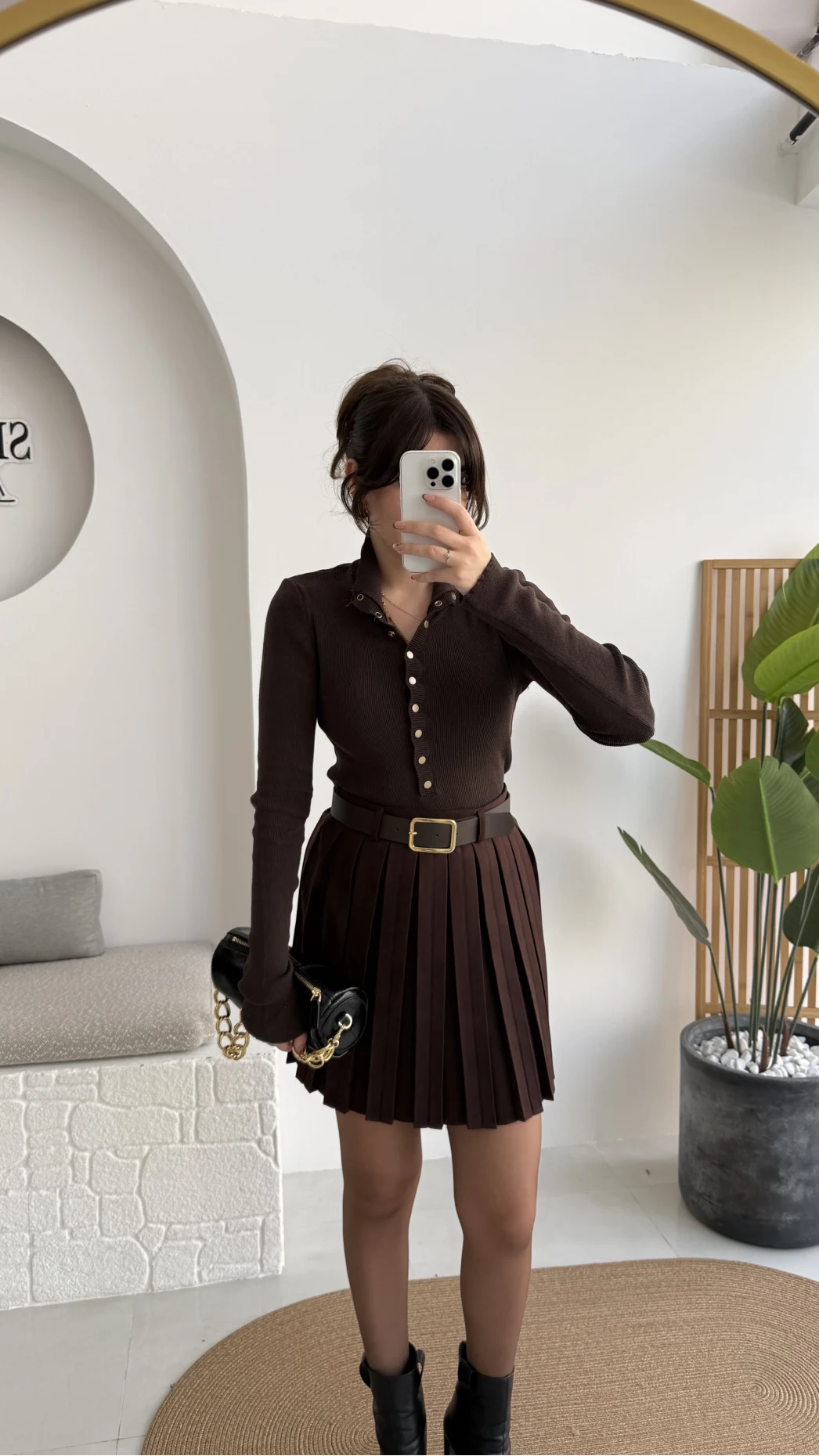 Klea Mini Piliseli Kemerli Etek - Acı Kahve