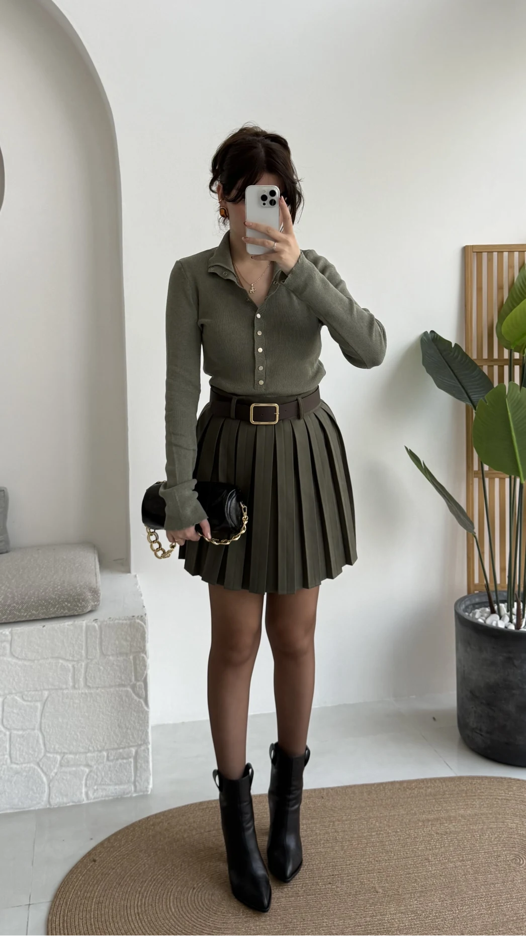 Klea Mini Piliseli Kemerli Etek - Haki