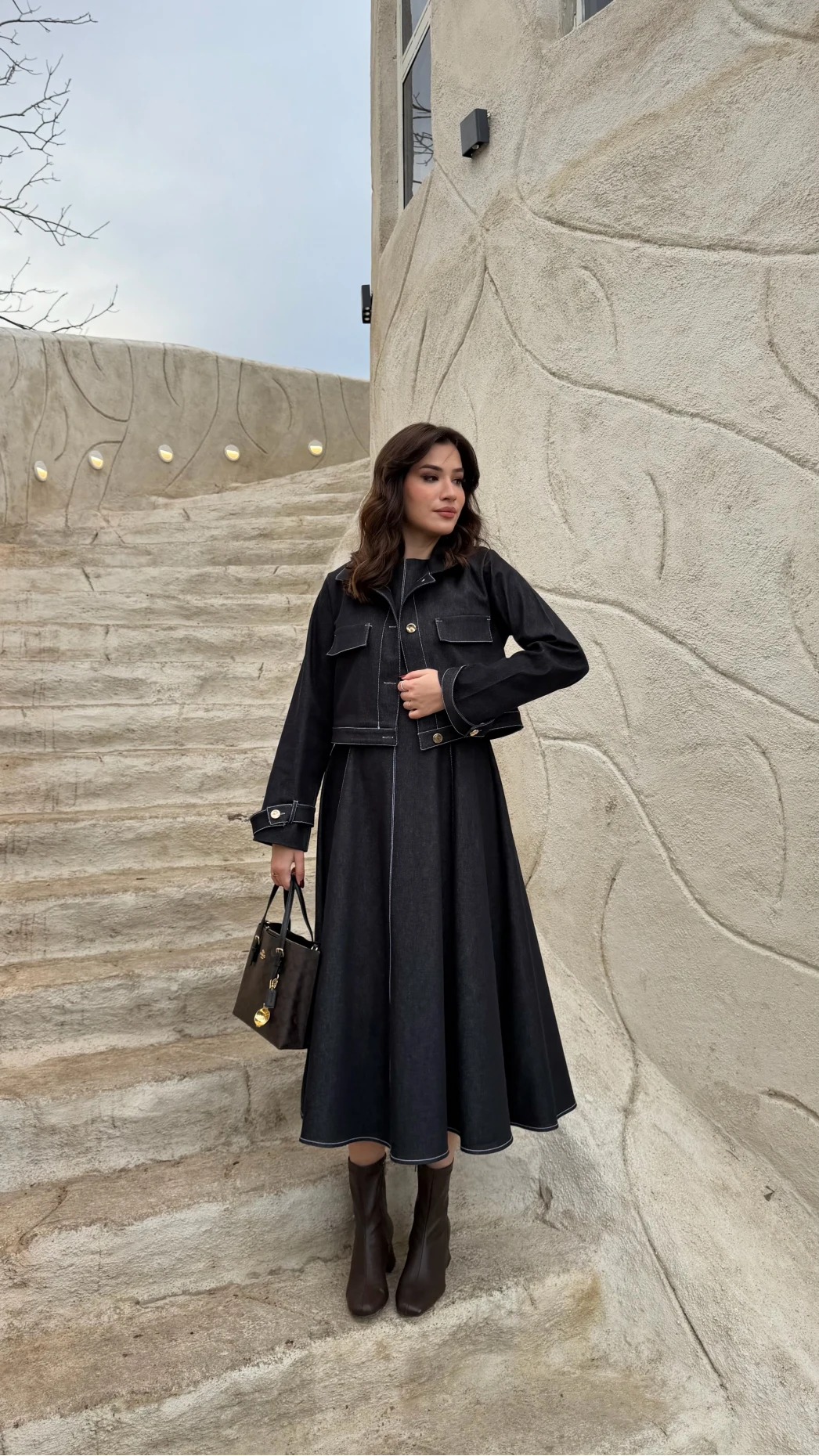 Kloş Elbise Ceket Takım - Denim Mavisi - Kod: 8915