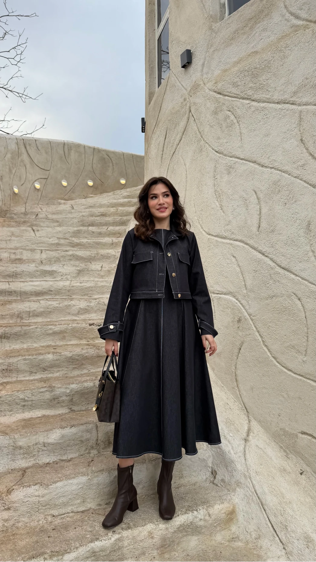 Kloş Elbise Ceket Takım - Denim Mavisi - Kod: 8915