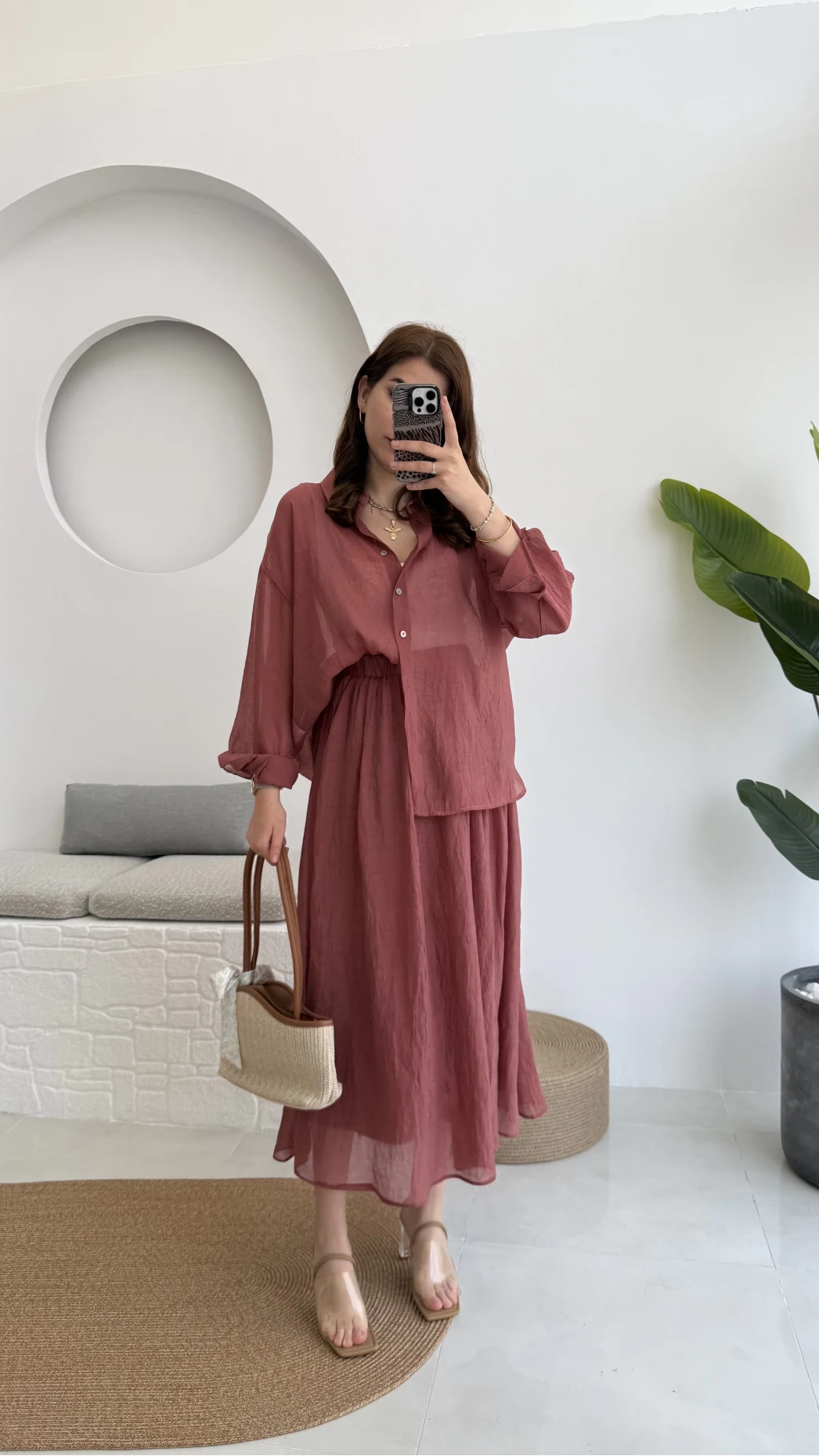 Kloş Etek ve Gömlek Takım Gül Kurusu