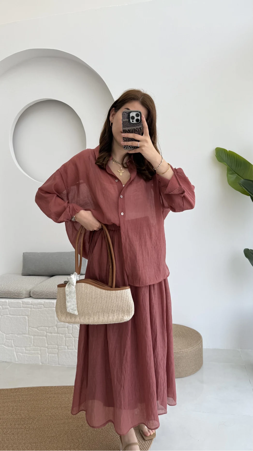 Kloş Etek ve Gömlek Takım Gül Kurusu