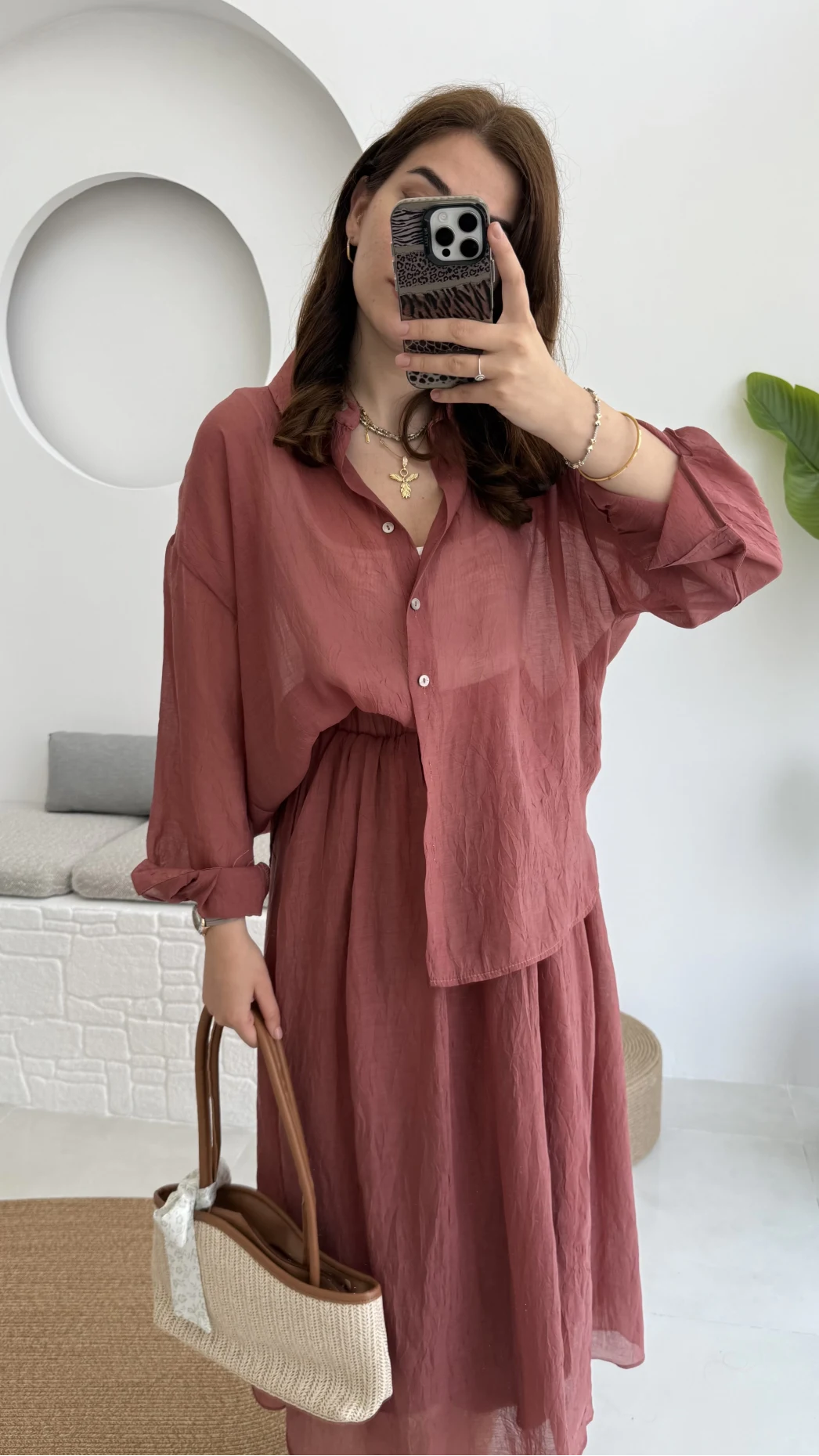 Kloş Etek ve Gömlek Takım Gül Kurusu