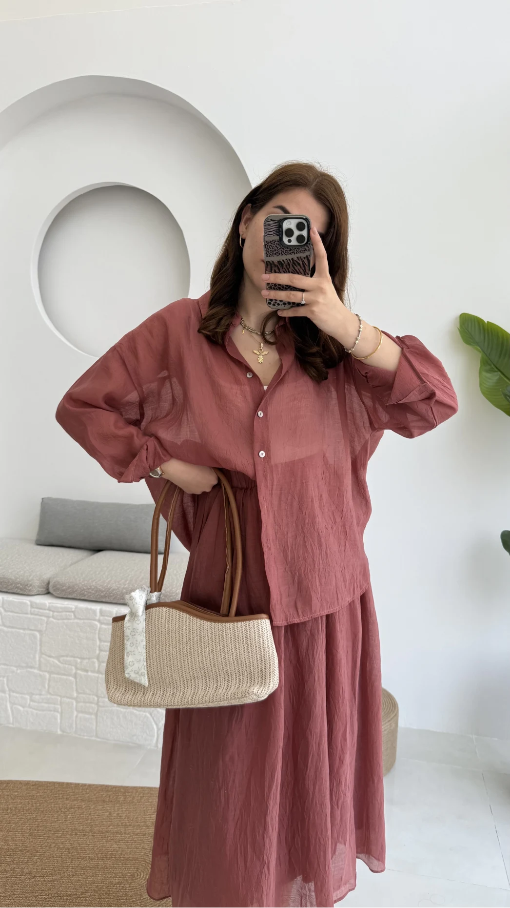 Kloş Etek ve Gömlek Takım Gül Kurusu