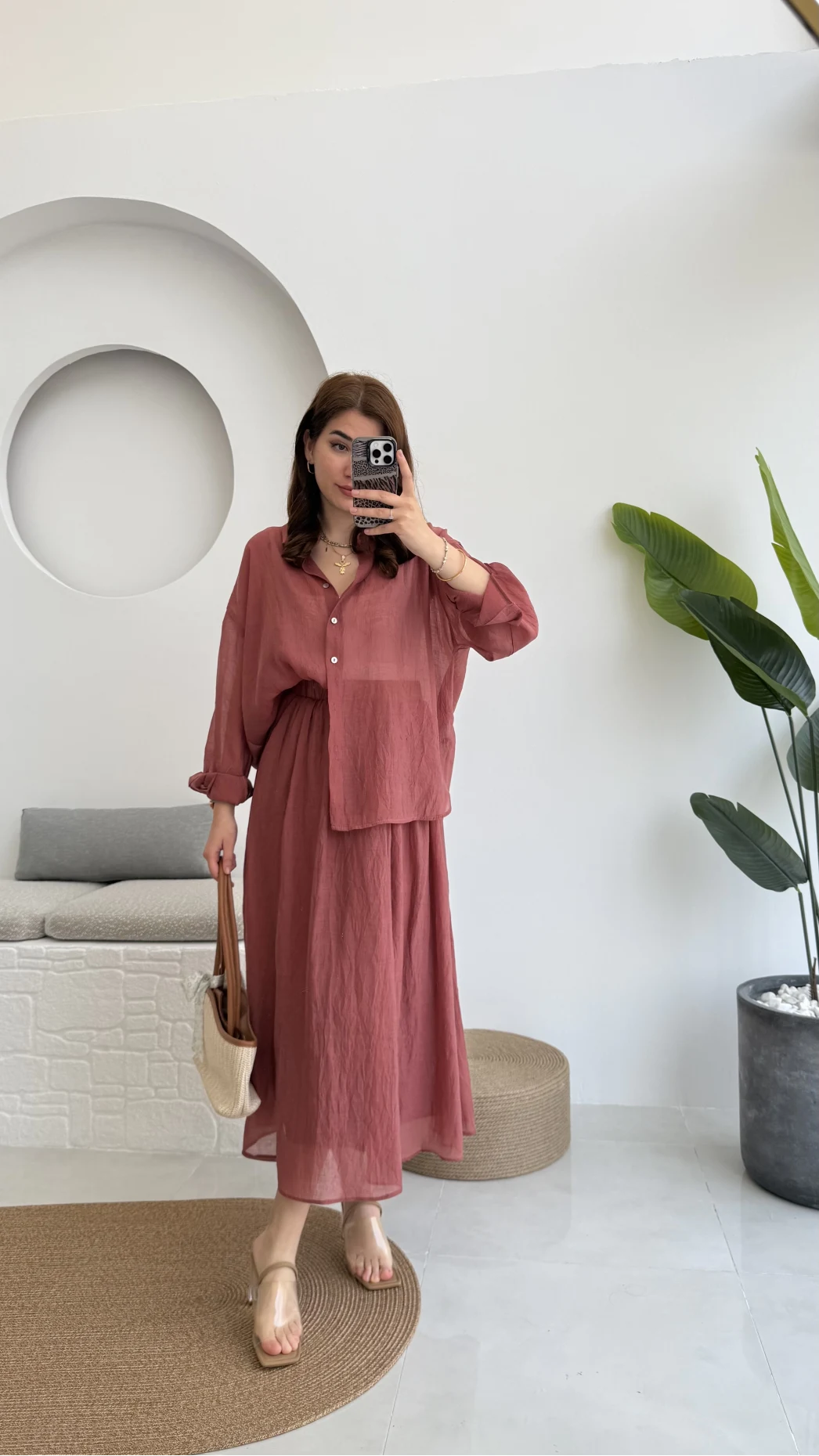 Kloş Etek ve Gömlek Takım Gül Kurusu