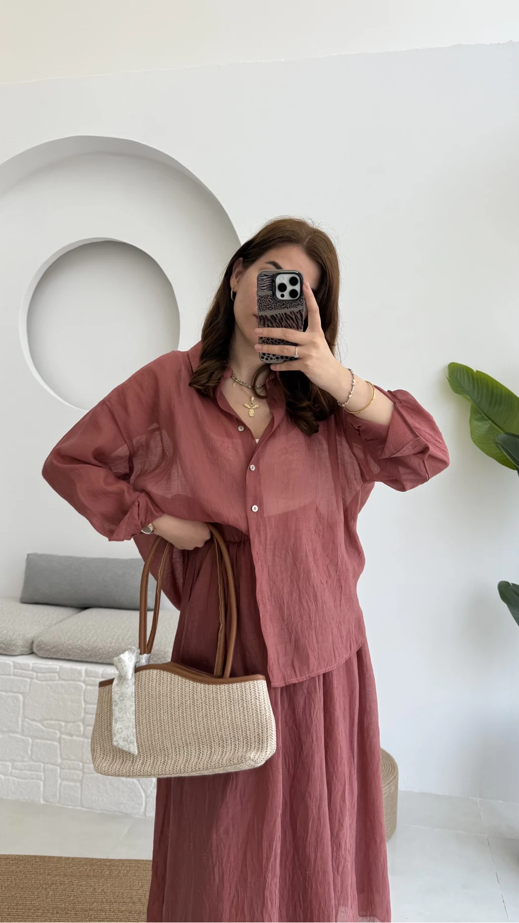 Kloş Etek ve Gömlek Takım Gül Kurusu