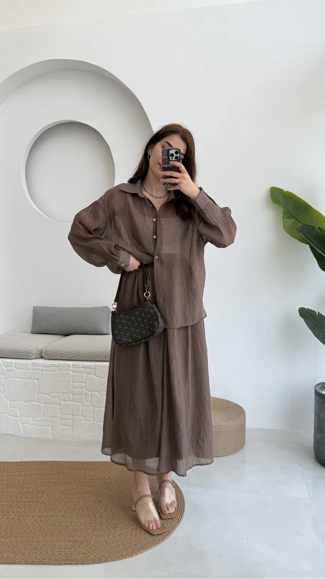 Kloş Etek ve Gömlek Takım Kahve