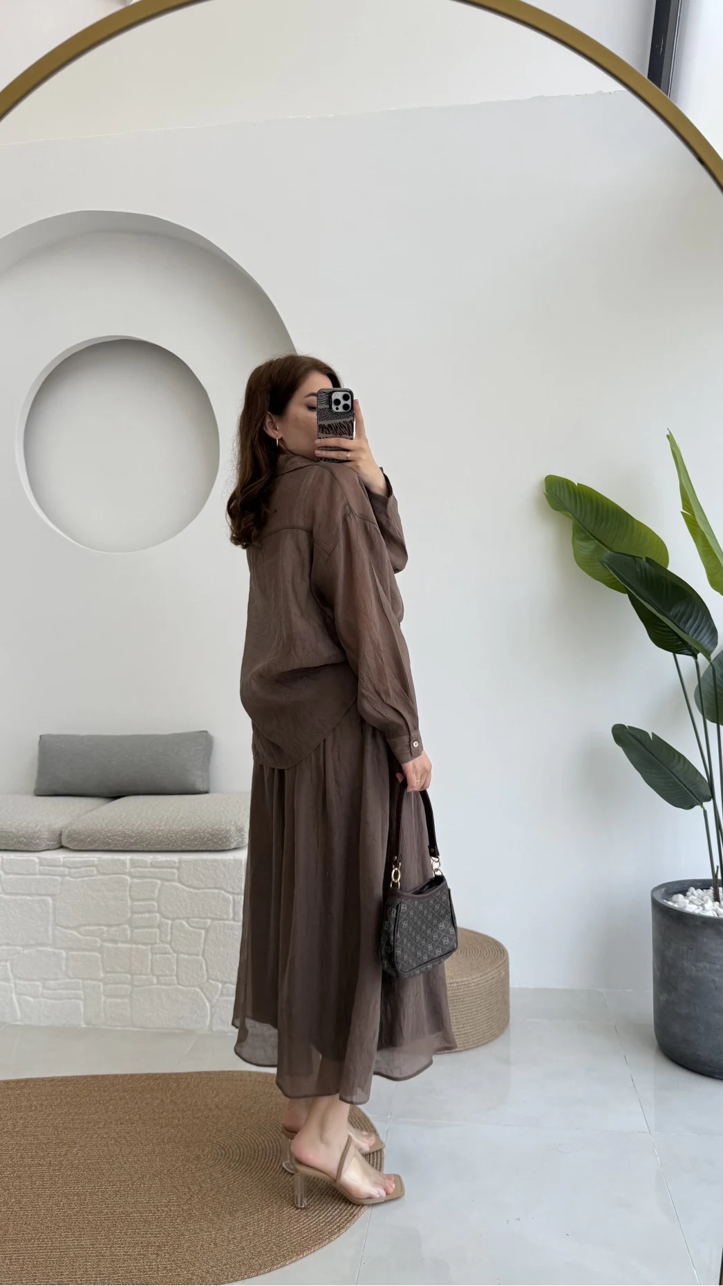 Kloş Etek ve Gömlek Takım Kahve