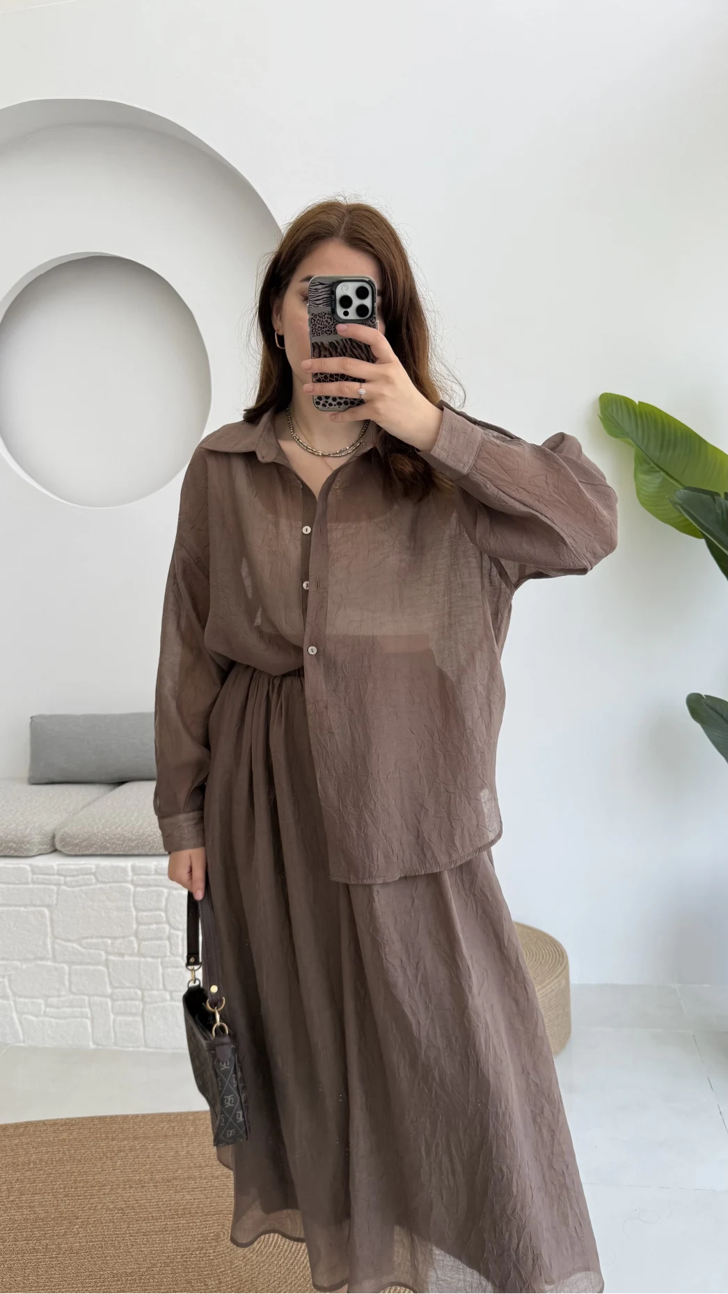 Kloş Etek ve Gömlek Takım Kahve